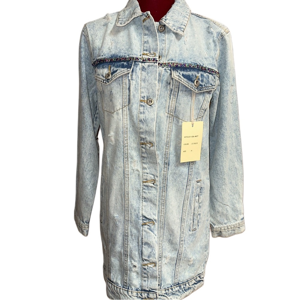 Filigree Heart Hand Painted Mid  Length Denim Jacket - Picture 3 of 7